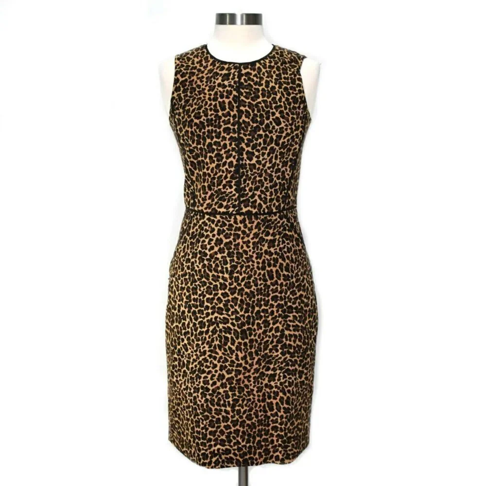 J. CREW Sheath Dress in Leopard Bi-Stretch Cotton- Size‎ 0- Color Leopard Print